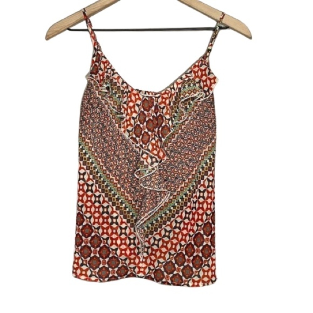 Women's S Guess Vintage Sheer Ruffled Tank Geometric Pattern Ruffled Smocked